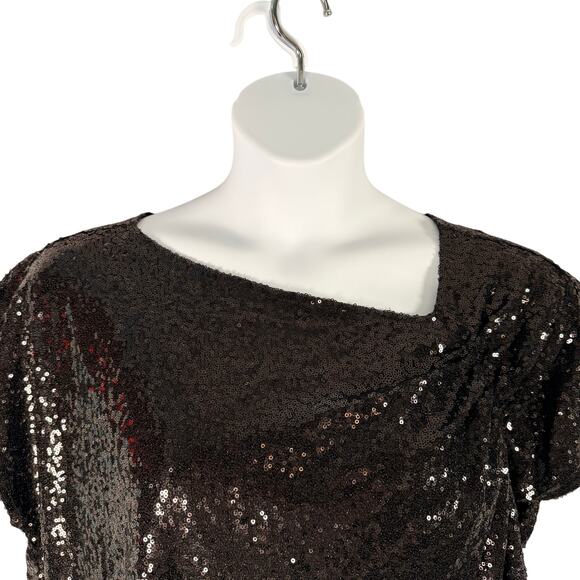 DG2 Diane Gilman Top 1X Black Sequin Cotton Modal Party Formal Asymmetric V-neck - Picture 2 of 11